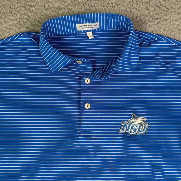 Peter Millar Summer Comfort Polo Shirt Mens Medium Blue NSU Sharks Golf Stretch - Picture 1 of 8